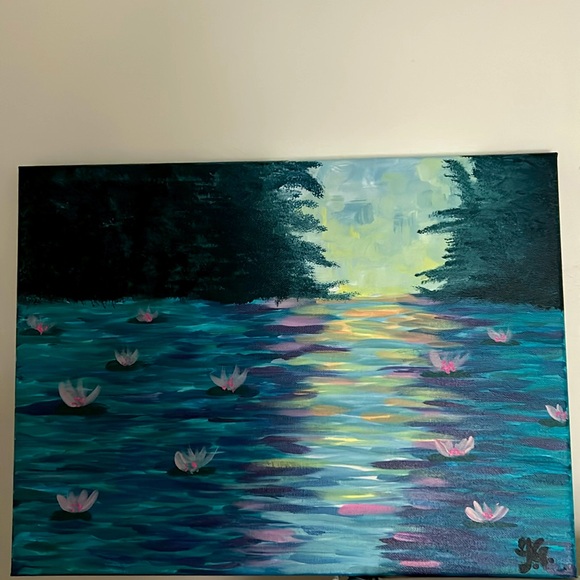 $5 CLEAROUT BEFORE DONATION —Painting medium canvas Lilly pad lake and greenery - Picture 1 of 2